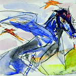 Trojanisches Pferd, von Dagmar Ranft Schincke, Farbradierung, 2001